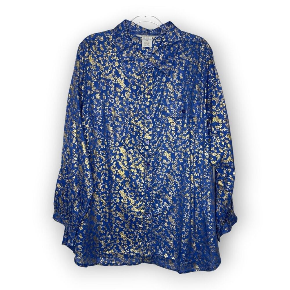 Roaman's Button Front Shirt Blue Gold Vine Role Tab Sleeve Women’s Plus Size 24W